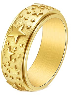 Mesnt Ring Herren Gold, Pentagram Stern Drehbarer Spinner Fidget Ring Gold Größe 62 (19.7)