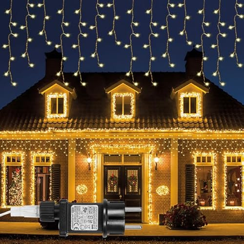 Rosnek Eisregen Lichterkette, 10M Außen Wasserdicht, 400LEDs mit Speicherfunktion, 8-Modi & Timer, Eiszapfen Lichterkette Weihnachtsbeleuchtung für Traufe, Pavillons, Balkon, Geländer