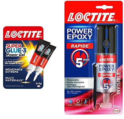 Lot de 2 Loctite Super Glue 3 Power Gel, Colle Forte Enrichie en Caoutchouc, Power Epoxy Rapid 5 Min, Gel Transparent Sèche Vite - 2 Tubes 3g & 25ml