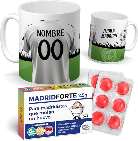 Taza Personalizada con Nombre Camiseta Madrid | Pack Fútbol con Taza + Caramelos Divertidos | Regalo Original para Merengues | Perfecto para Regalar