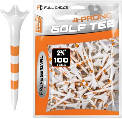 Full Choice 100 Pack Plastic Golf Tees 2-3/4 - Low Resistance Design to Reduce Friction & Boost Distance, White with Orange Stripes