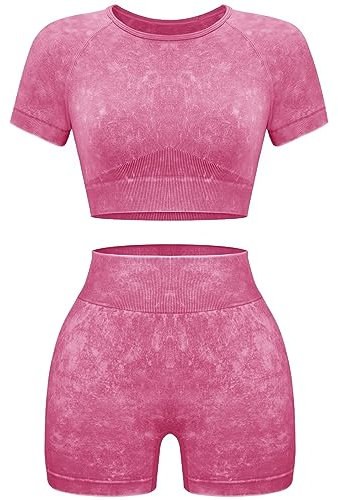 Women Workout Sets 2 Piece Seamless Gym Shorts Crop Top, Pink S
