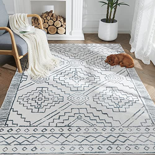 TOPICK Rug 120x180cm Washable Soft Grey Rug Lightweight Short Pile Non Slip Geometric Print Carpet for Kitchen Living Room Bedroom Office Dining Room