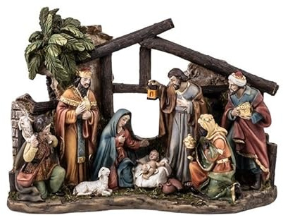Misterio de 1 Pieza Nacimiento Clasico con Reyes y Pastor con Oveja de Resina Pintado a Mano 23x8x17 cm