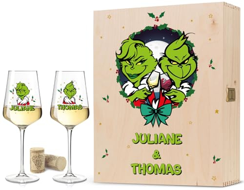 GRAVURZEILE Leonardo Puccini Weinglas mit UV-Druck - Grinch - Personalisiert mit Namen inkl. bedruckter Holzkiste - Geschenke für Weinliebhaber - Geschenk für Frauen & Männer - Farbe: Große Kiste