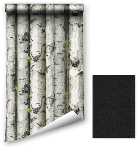 LZH-LP Papier peint autocollant à décoller et à coller, 44.5x400CM motif forêt de bouleau, film vinyle amovible, de meubles avec patch de réparation en cuir pour canapé en cuir