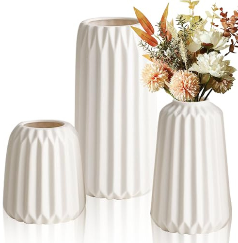 Lighterday 3er Boho Vase Set,Keramik Vasen Modern Vasen Deko,Beige Vase Blumenvase,KleineVasen Für Pampasgras Blume,FürWohnzimmer Tisch Fensterbank Deko (Weiß-A)