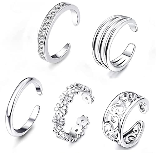 LEEQBCR 5 Pcs Sterling Silver Toe Ring Ladies Open Adjustable Band Ring Jewellery Set