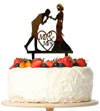 Wedding Cake Topper, Gold Acrylic Mr & Mrs Cake Decoration for Wedding Engagement Party Wife Husband
