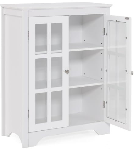 RELAX4LIFE Bathroom Floor Cabinet, Wooden Storage Cabinet with Double Tempered Glass Doors & Adjustable Shelves, Freestanding Cupboard Storage Organizer Unit for Living Room, Entryway (White)
