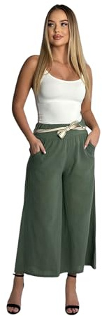 Mississhop 385 Damen Vielseitige Boho-Chic Hose 100% Baumwolle mit Stoffgürtel, Olive