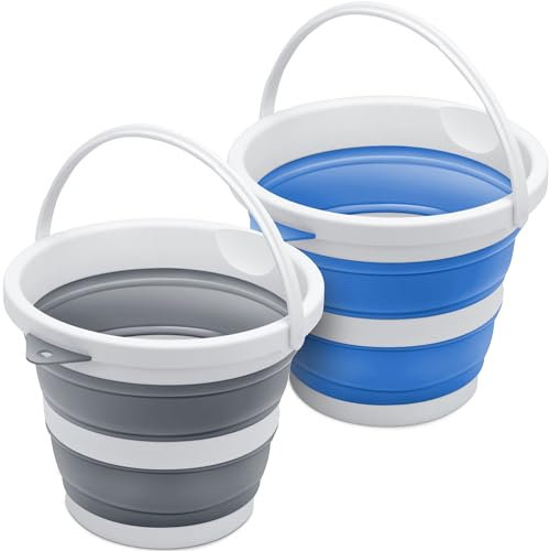 Collapsible Cleaning Bucket/Pail - Space-Saving, Portable Foldable Plastic Water Container/Pot for Garden, Beach, Car Wash, Camping, Fishing (Grey+Blue, 5L)