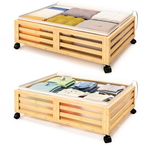 Xadgve 2 Packs Nature Under Bed Storage Containers, Bamboo Underbed Organizer Drawers with Wheels, Large Dust Bag for Clothes, Books, Bedding and Toy Storage, Space Saving