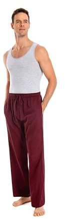 JTPW Herrpyjamas av 100 % bomull/flanell, bekväm pyjamas/loungebyxor med fickor, Burgund, L
