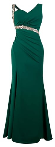 Angel-fashions Donna Abito da Sera Verde a Spalla Unica Sfrangiato con Paillettes Dorate Spacco e Peplum Perfetto per Il Ballo di fine Anno Size 46