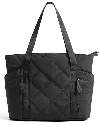 bagsmart Arbeitstasche Damen Handtasche, 20L Puffy Tote Bag Shopper Tasche mit Reißverschluss, Mehrere Fächer und Gepäckgurt für Reisen, Arbeiten, Schule, Schwarz