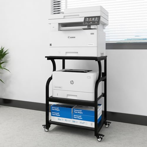 PUNCIA 3-Ebenen Druckertisch höhenverstellbar 60 x 50 cm Druckerständer | Mobiler Druckerhalter mit Rollen Druckwagen aus Holz & Metall für Großen Drucker für Arbeitszimmer Büro Office Schwarz