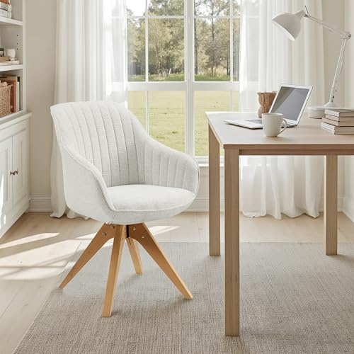 Zouron Beige Drehstuhl Esszimmerstuhl Holzbeine - Küchenstuhl Beige Leinen Polsterstuhl mit Armlehnen Sessel Eichenholzbeine bis 130kg Belastbar Sitzfläche 43x43cm Wohnzimmerstuhl