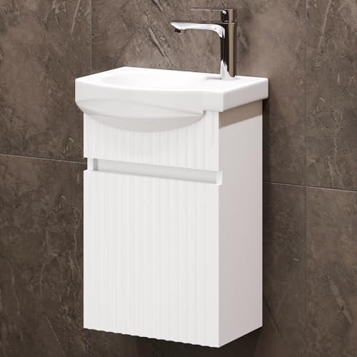 Planetmöbel Waschbecken mit Unterschrank 40 cm inkl. Keramikwaschbecken, Gäste WC Waschtischunterschrank hängend, weiß matt