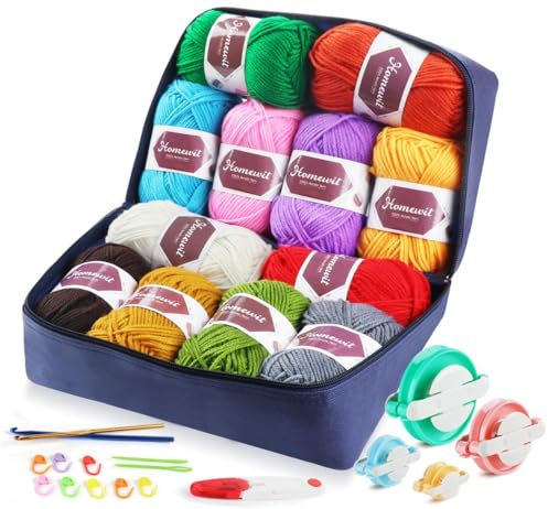 Häkelgarn 12 Farben x 50g, Acryl Strickgarn Wolle Zum Stricken, Wolle Zum Häkeln mit 2 Häkelnadeln und 4 Größen Pom Pom Werkzeug, Handstrickgarn Baumwollgarn, Häkelwolle für Häkeln Kunsthandwerk