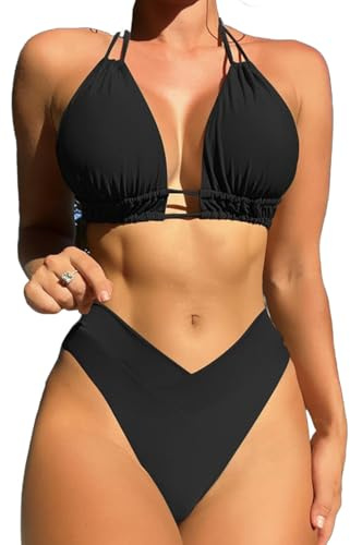 Sangdut Dam tvådelat bikiniset V-hals baddräkt push-up form bikini badmode magkontroll med kupor triangel bikinibyxor, svart, XXL