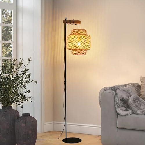SUNLLOK Boho Bamboo Floor Lamp for Living Room, Industrial Cake Lampshade Standing Lamp with Foot Switch, Modern Black Woven Tall Floor Light for Kitchen Island, Bedroom, Office