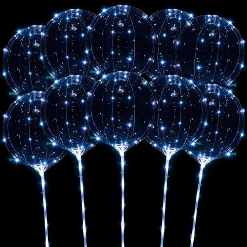Hokoad LED Balloons Light Up, 10 Pack LED Balloons with Sticks, 20 Inch Clear Bobo Balloon with Lights Helium Glow Bubble Lights for Party Supplies Valentines Decor (Blue)