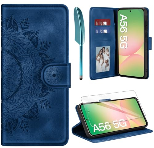 ivencase für Samsung Galaxy A56 5G Hülle und Schutzfolie, Dunkelblau | Premium Klappbar Handyhülle, Magnet, Kartenfach, Ständer, PU Leder, Flip Wallet Schutzhülle