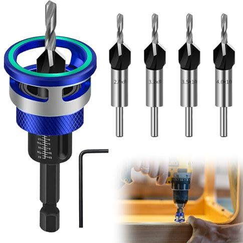 Lot de 6 forets coniques à bois avec butée de profondeur, fraise à foret hexagonale 1/4, HSS-M2, alésage précis pour le travail du bois - Bleu