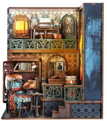 Souvik Book Nook Kit – DIY Miniaturhaus mit LED-Licht, 3D Holz Puzzle zum Selberbauen für Erwachsene, Bücherregal Deko & Buchstütze (Music Lighting Painting)