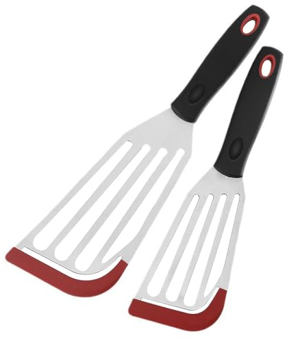 Fish Spatula Stainless Steel: 2 Pack Heat Resistant Slotted Turner with Silicone Tip for Non Stick Pan Flexible Spatula for Fish Eggs Pancakes Omelettes