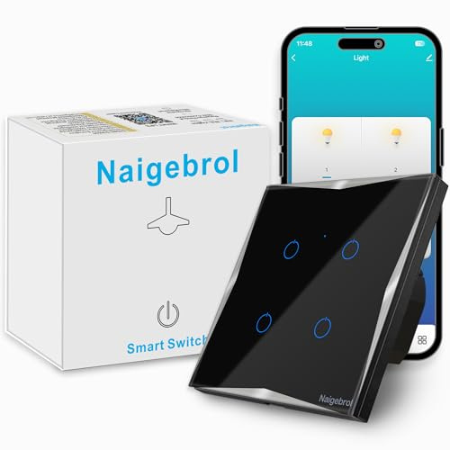Naigebrol Touch Light Switch，Multi-Way Control by Smart Life App，Compatible with Alexa and Google，LED Backlight，Glass Wall Switch Flush-Mounted，Timing or Schedule，4-Gang Black（Neutral Wire Need）