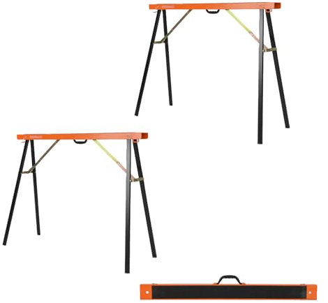 COSTWAY Folding Saw Horse Twin Pack, Heavy Duty Workbench with Non-Slip Top & Hinge Brace, Fully Assembled Metal Trestle Stands Sawhorse, Max Load 375kg (Black + Orange)