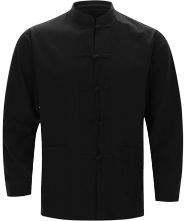 WAZHAKU Veste Kungfu chinoise pour homme - Costume traditionnel Tangzhuang - Veste d'arts martiaux Tai Chi Wing Chun - Manches longues - Uniforme pour homme - Vêtements de sport, R noir., 5XL