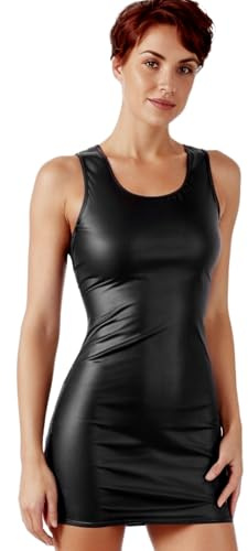 Rubberfashion wetlook damklänning – figurnära miniklänning utan ärmar – snygg för vardagen – som kvällsmode och festoutfit för kvinnor, Svart-metallic, M