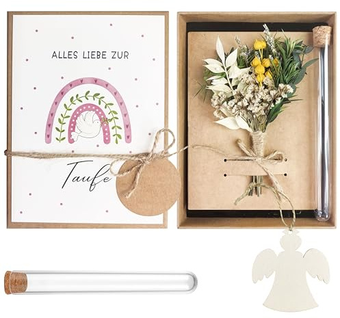 Taufgeschenke für Mädchen Geldgeschenke zur Taufe Taufgeschenk Mädchen Inklusive Alles Taufkarte Getrocknete Blumen Kunststoff Reagenzglas Geschenkbox Holzengel