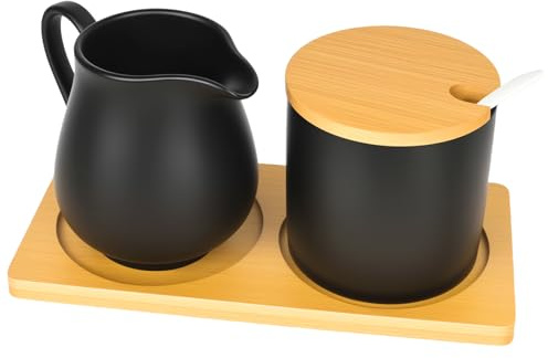 bssmmai Juego de leche y azúcar con tapa y cuchara, jarra de leche, cerámica negra y azucarero con bandeja de madera, jarra de leche, apta para lavavajillas y microondas