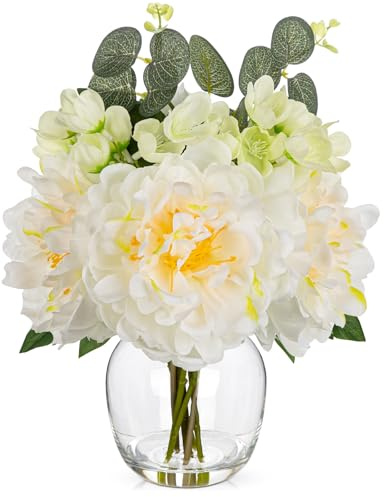 Oairse Künstliche Pfingstrosen in Glasvase mit Kunstwasser Seidenblumen Blumenarrangement, Kunstblumen Pfingstrosen Tischdekoration für Wohnzimmer, Schlafzimmer, Büro und Zuhause, Weiß