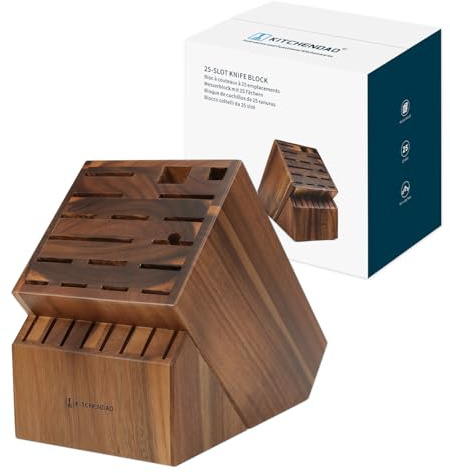 KITCHENDAO 25 Slot Acacia Wood Knife Block without Knives, Large Universal Knife Holder for Kitchen, Holding Multiple Types of Knives, Countertop Butcher Block Knife Stand for Easy Kitchen Storage