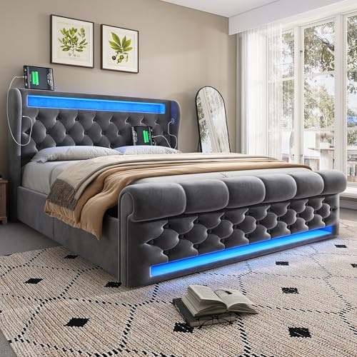 LINKHOO Polsterbett Doppelbett, Hydraulisches Stauraumbett mit LED-Leuchten,Stauraum-Kopfteil mit USB- und Typ-C-Anschlüssen(Ohne Matratze), Samt, 140x200cm, Grau