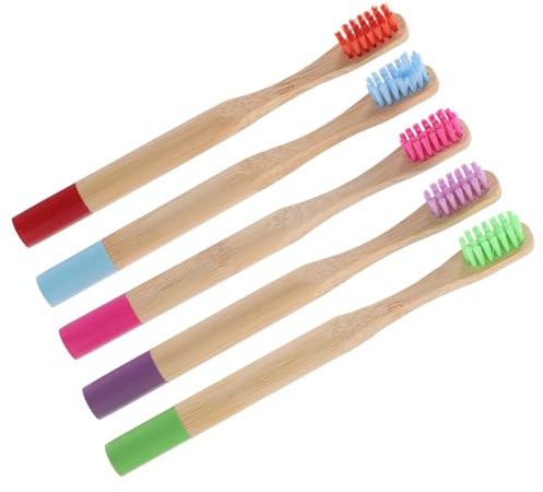 HAMPPLIES Kinderzahnbürsten 5 Stück – Weiche Bambuskohle Borsten Runde Holzgriffe Ergonomisch Tragbar für Tägliche Mundpflege von Jungen und Mädchen Zufällige Farbe