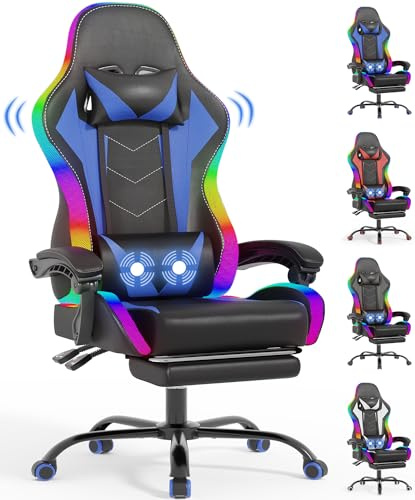 TRIUMPHKEY Silla de Juegos con Luz RGB LED de Estilo Gaming, 366 Modos de Efecto de Luz, Tela PU Resistente a la Suciedad, Reposabrazos Sincronizados, Almohada Lumbar de Masaje USB (Azul)