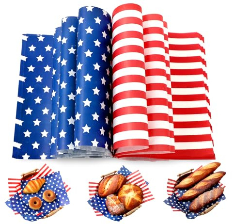 JarThenaAMCS 150 Pcs Patriotic Wax Paper Deli Paper Sandwich Wrap Tissue 250th Anniversary Star Stripe Waterproof Oil-Proof Picnic Liner for 4th of July Dependence Day Home Party Kitchen Supplies