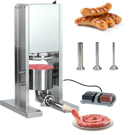 FahQuintuple Electric Sausage Stuffer Maker, Vertical Electric Stuffer Stainless Steel Heavy Duty Sausage Filler Meat Stuffer with 3 Stuffing Tubes and Foot Pedal, Home & Commercial
