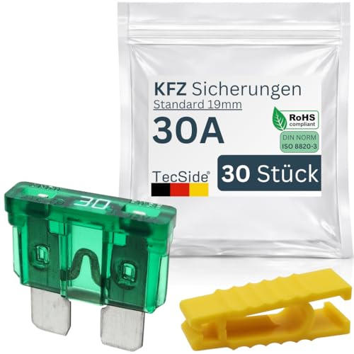 KFZ Sicherungen 30A | 30 Stück + Sicherungszieher | Stecksicherungen für 12V 24V 32V | 19mm Flachsicherungen nach DIN ISO 8820-3 | Für Boot, Motorrad, Wohnmobil & Roller - Autosicherungen | Grün
