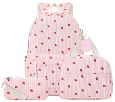 Corduroy School Backpack for Girls, 3pcs Set with Insulated Lunch Bag & Pencil Case, Aesthetic Kawaii Rucksack for Secondary School College, 15-inch Laptop Bookbag for Teens (Pink Strawberries)