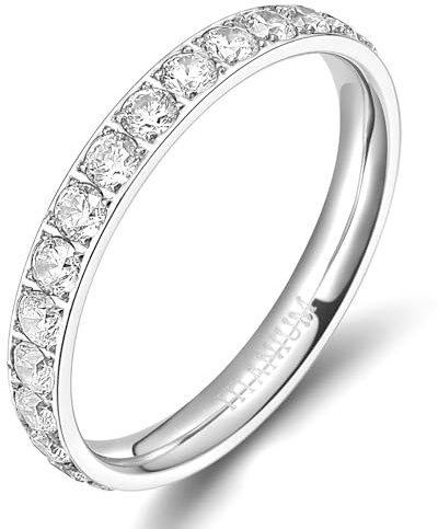 TIGRADE 3mm Women Titanium Engagement Ring Cubic Zirconia Eternity Wedding Band Size 3-13.5, Silver, Size 7