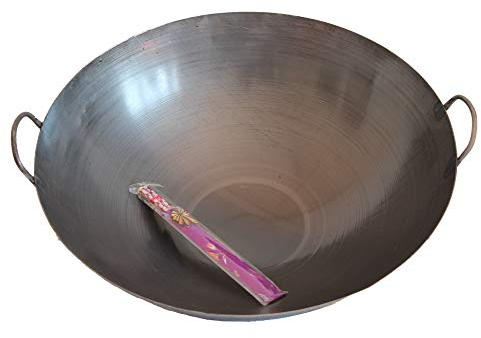 AAF Nommel Eisen Wok Ø 50 cm runder Boden, Doppelgriff Asiatische Eisenpfanne 20 Wokpfanne