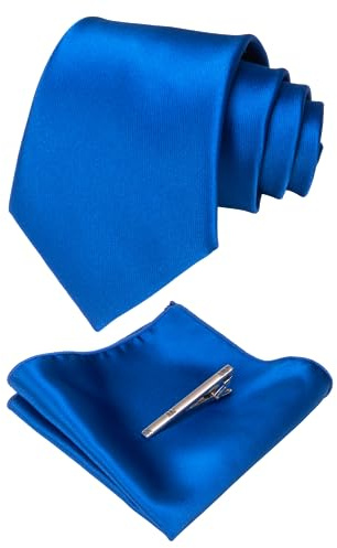 JEMYGINS Einfarbige Krawatte und Einstecktuch mit Krawattenklammer-Sets für Herren, blau, M