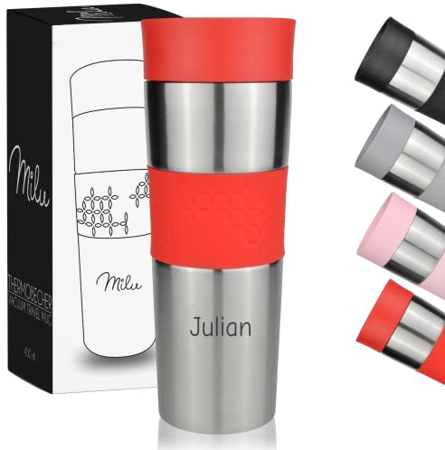 Milu Thermobecher mit Gravur - 450ml - Geschenkidee personalisiertes Geschenk Geburtstagsgeschenk Weihnachten für Männer Frauen Mama Papa Freundin (450ml, Rot)